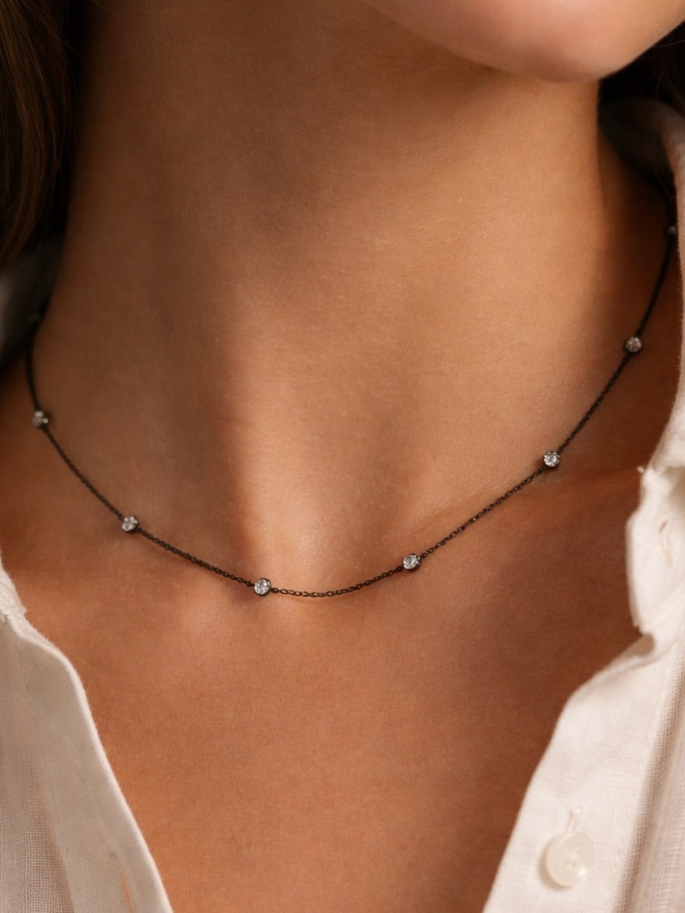 Black Station Necklace Minimalist Crystal Chain Dainty Layering Jewelry Trendy